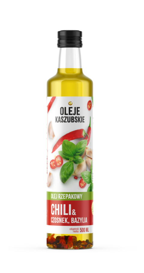 Olej Kaszubski rzepakowy rafinowany chili czosnek bazylia 500ml Olej Kaszubski rzepakowy rafinowany chili czosnek bazylia 500ml