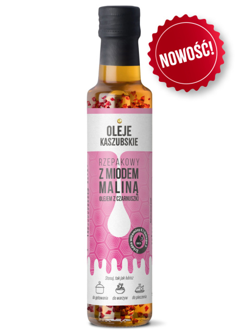 Olej Kaszubski rzepakowy z miodem, maliną i olejem z czarnuszki 250ml Olej Kaszubski rzepakowy z miodem, maliną i olejem z czarnuszki 250ml